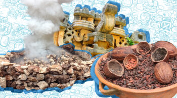 Collage of Maya architecture, burnt lime, cocoa pods