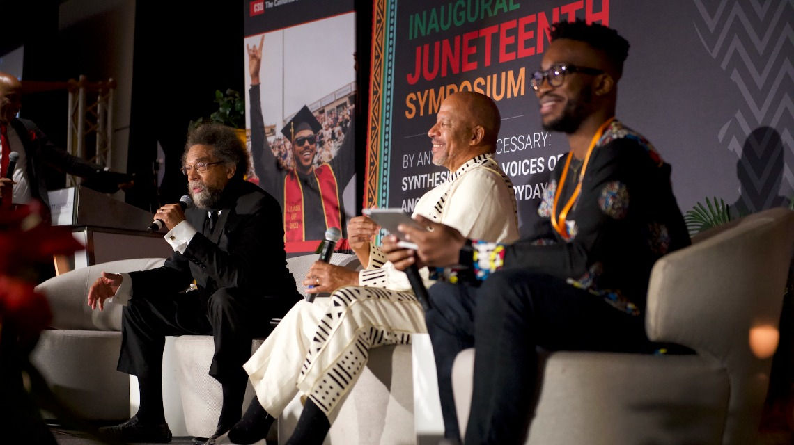 Dr. Cornel West, CSUDH President Thomas Parham, and CSUDH ASI President Obioha Ogbonna onstage
