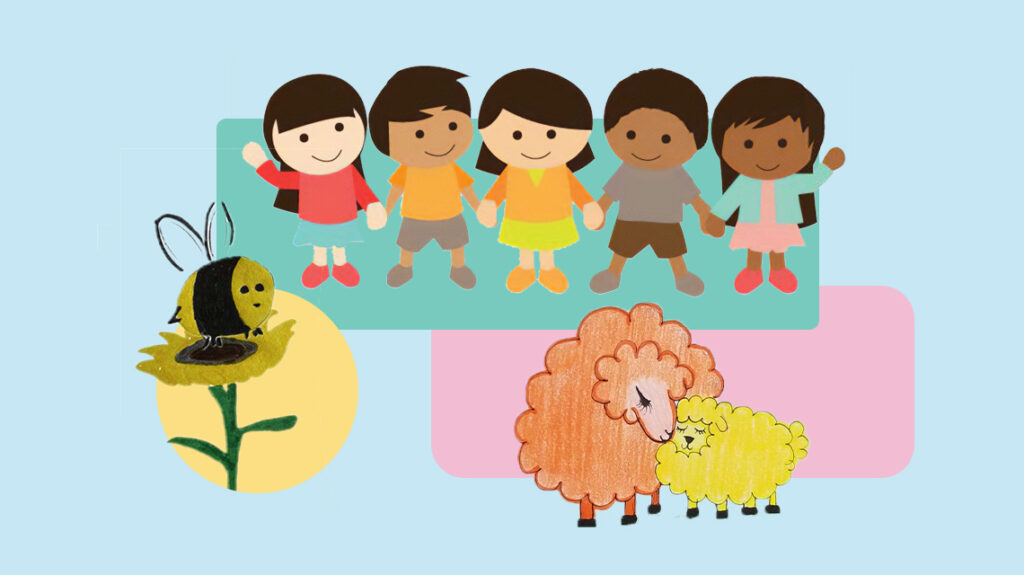 Five children holding hands, a bumble bee on a sunflower, and a sheep  and her lamb.