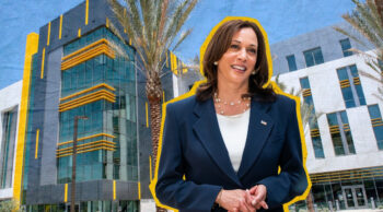 Vice President Kamala Harris with background of CSUDH campus