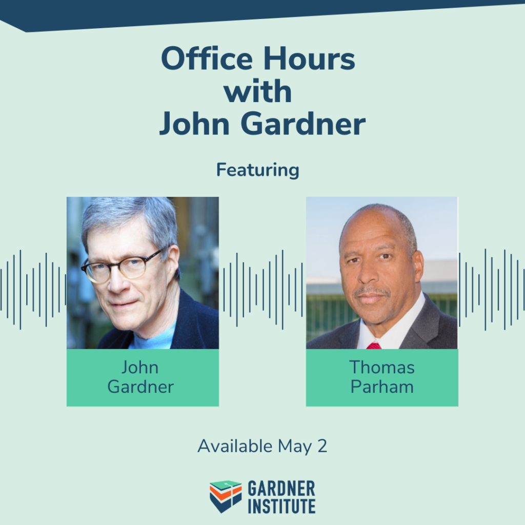 Text: Officde Hours with John Gardner Featuring John Gardener, Thomas Parham. Available May 2. Gardner Institute logo