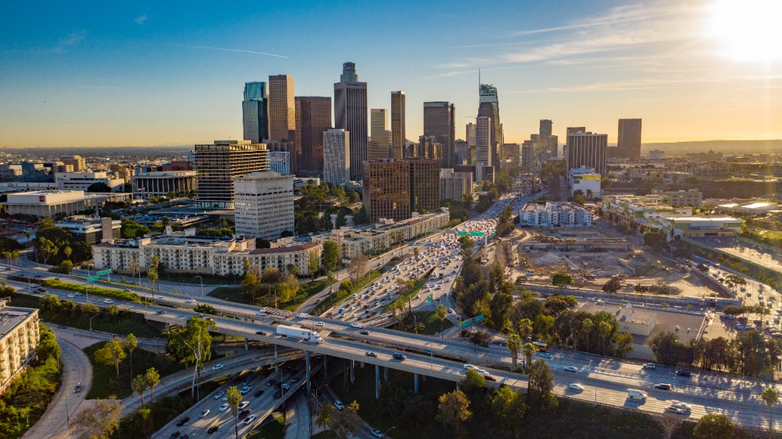 View of Los Angeles skyline and freeway.
