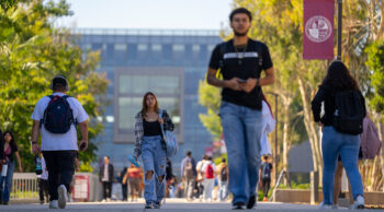 Students walk on the CSUDH campus during the first week of the 2023 fall term.