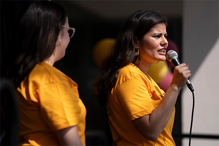 Ana Miriam Barragan speaks during the reopening event for the Immigrant Justice Center.