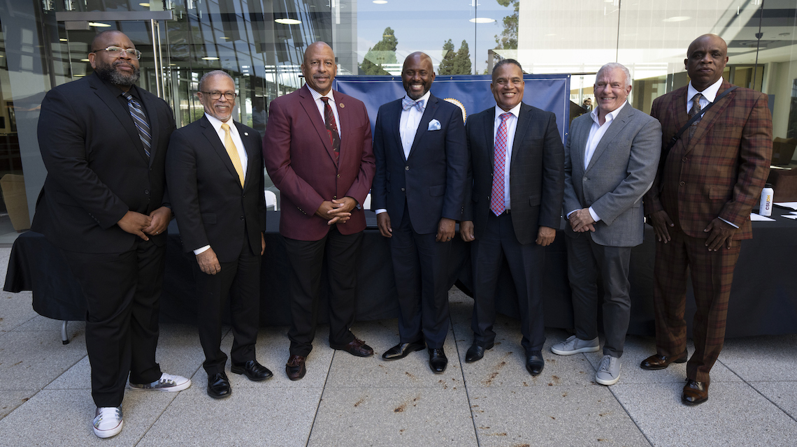 From left: Dr. Keith Curry, Compton College president; Dr. David Carlisle, Charles R. Drew University president; Dr. Thomas A. Parham, CSUDH president; Assemblyman Mike Gipson; Jim Mangia, St. John’s Community Health president/CEO; Dr. Darin Brawley, Compton Unified School District superintendent; and Gregory Polk, Kedren Community Health Center executive director.