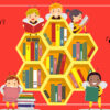 Graphic showing books in honeycomb formation and multiple people