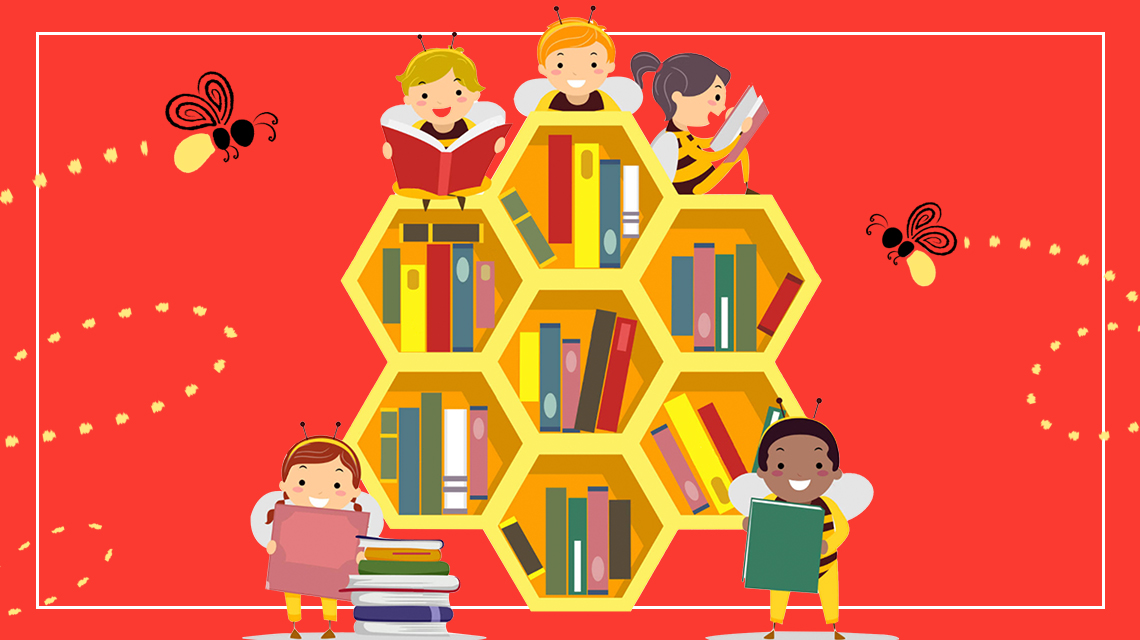 Graphic showing books in honeycomb formation and multiple people