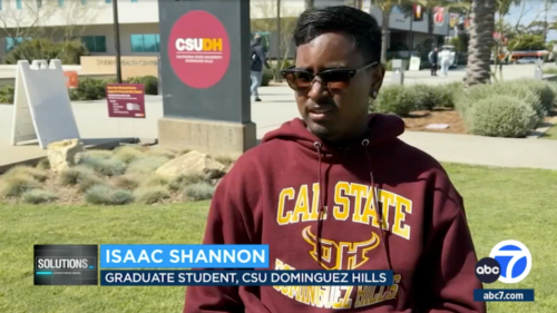 CSUDH graduate student Isaac Shannon on campus, ABC 7 logo