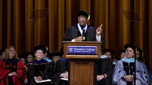 President Parham addressing an audience from the Teachers College, Columbia University podium
