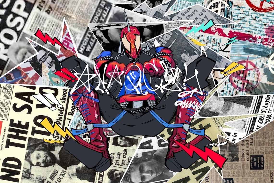 Artwork depicting newspaper collage, and Spiderman figure in center