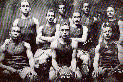 Group portrait of basketball players on the YMCA team in 1909-10.