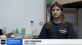 Student in dorm room. Chyron reads KCAL CBS News, Jacy Miranda, CSUDH Student