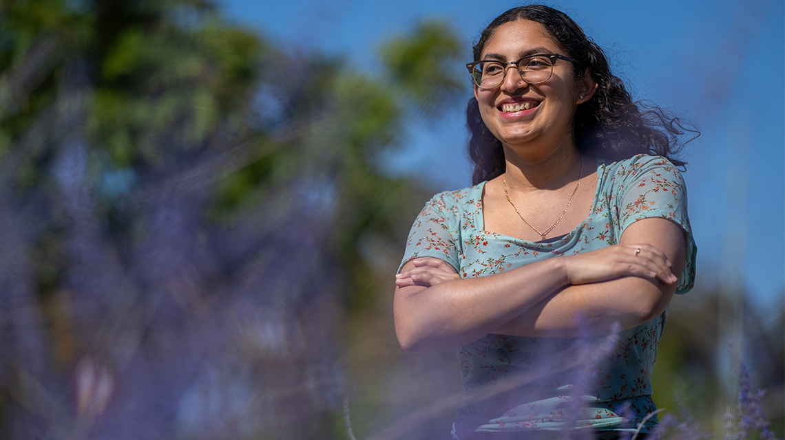 Portrait of Trustees' Award winner Gabriella Amaya outside on the CSUDH campus.