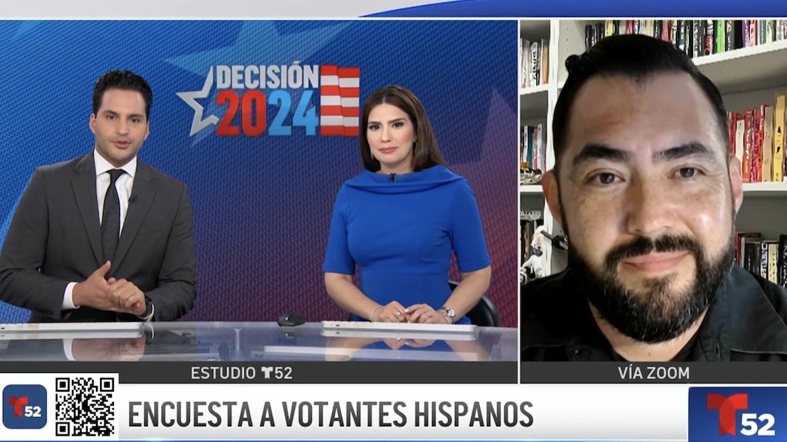 Screenshot of Telemundo broadcast featuring two newsanchors and Alfredo Carlos via Zoom