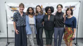 Associate Professor of Film, TV, and Media Toddy Eames, Janine Nabors, Lake Bell, Nicole Jefferson Asher, Erin Foley, and Professor and Chair of Women’s Studies Jenn Brandt