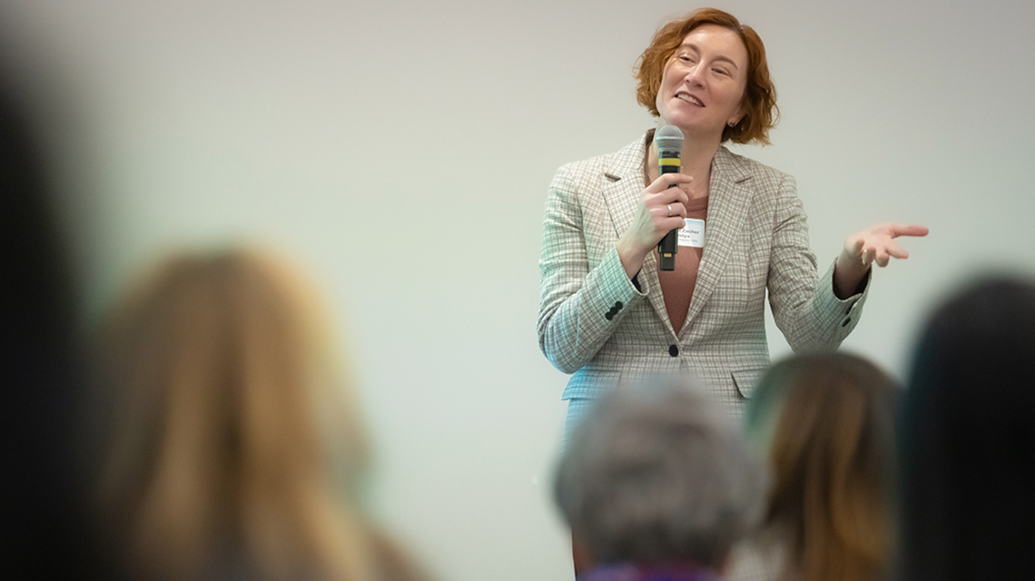 Jessica Pandya, dean of the College of Education, speaks at a neuroscience summit on the CSUDH campus.