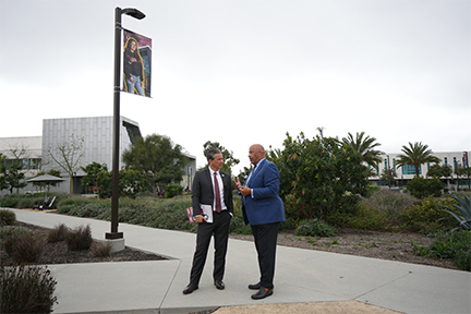 CA AG Rob Bonta, left, with CSUDH President Thomas A. Parham during a campus visit on Feb. 6, 2025.