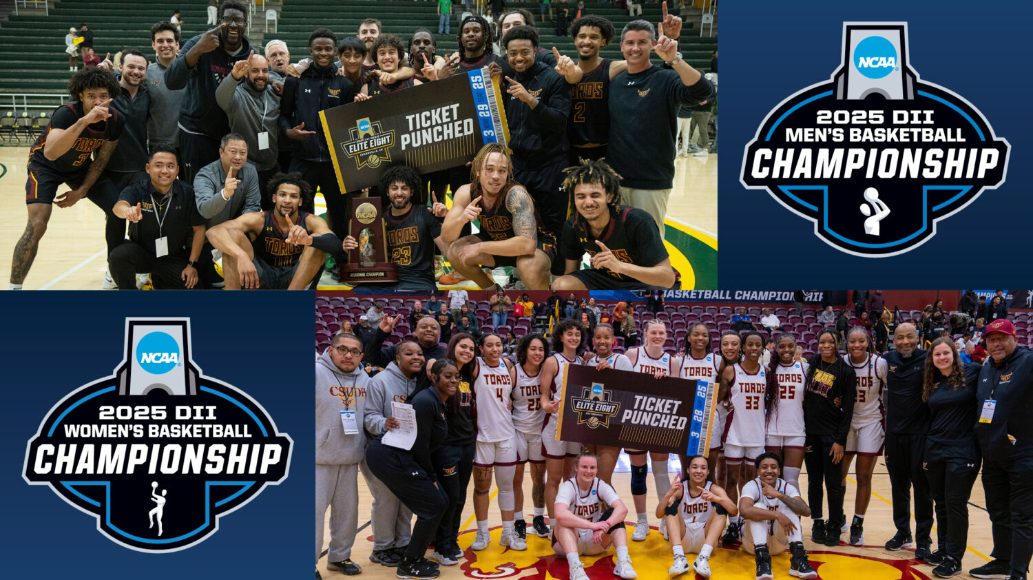 CSUDH men's and women's basketball teams celebrate after winning West Regional titles.