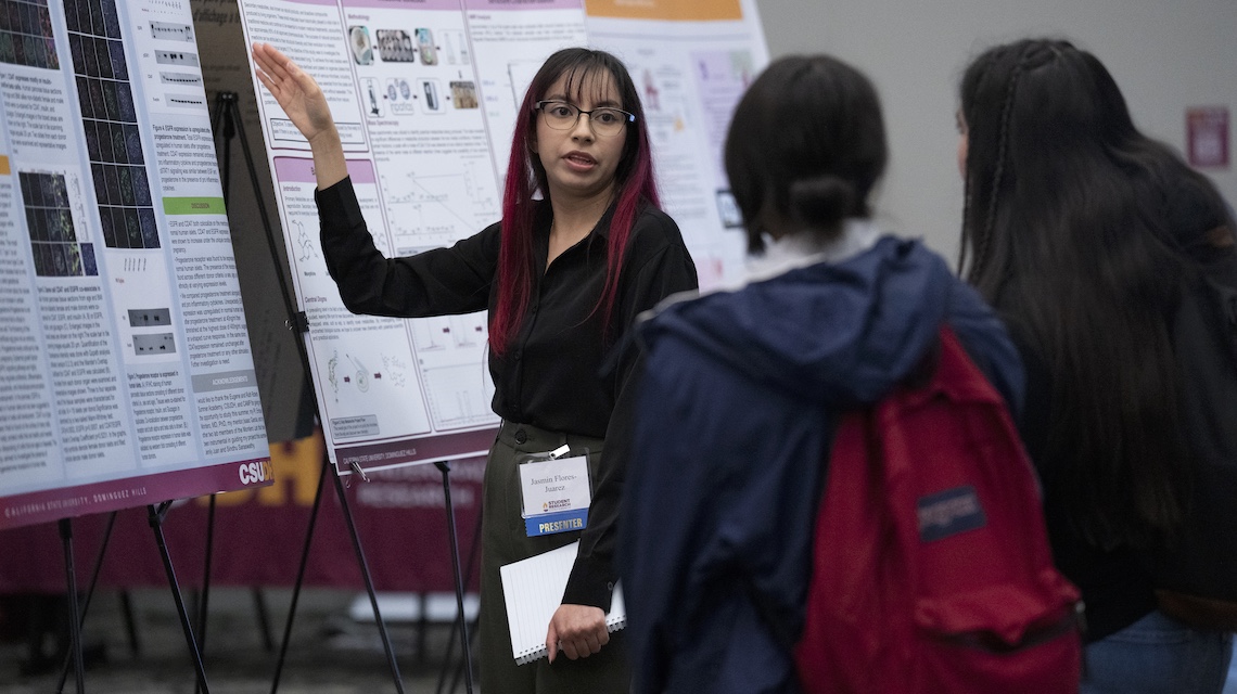 Presenter at SRC pointing to posterboard.