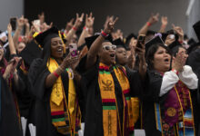 Students in regalia making Toro hand signals at Commencement