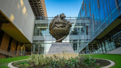 Sculpture outside of CSUDH's University Library.