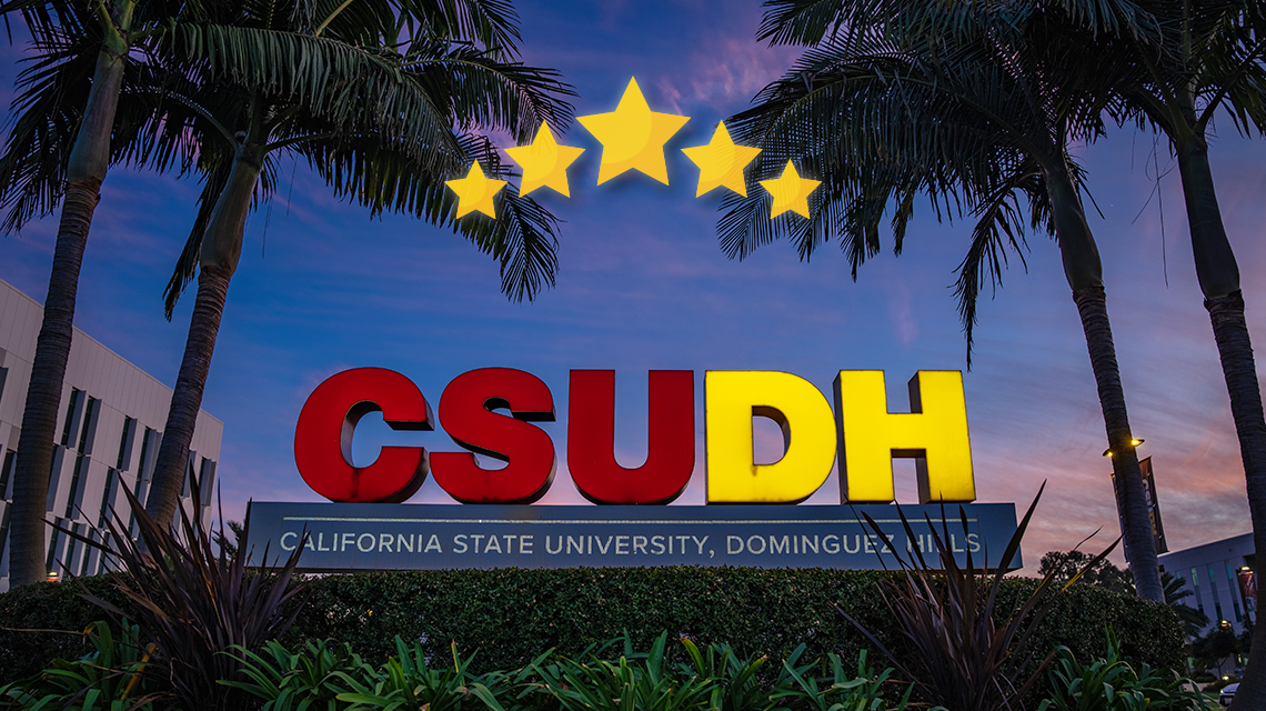 CSUDH sign with five stars overhead.