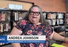 Spectrum News logo with text: Andrea Johnson, History Professor, Cal State Dominguez Hills