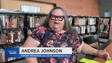 Spectrum News logo with text: Andrea Johnson, History Professor, Cal State Dominguez Hills