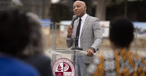 Vice President of Student Affairs William Franklin speaking at a CSUDH podium