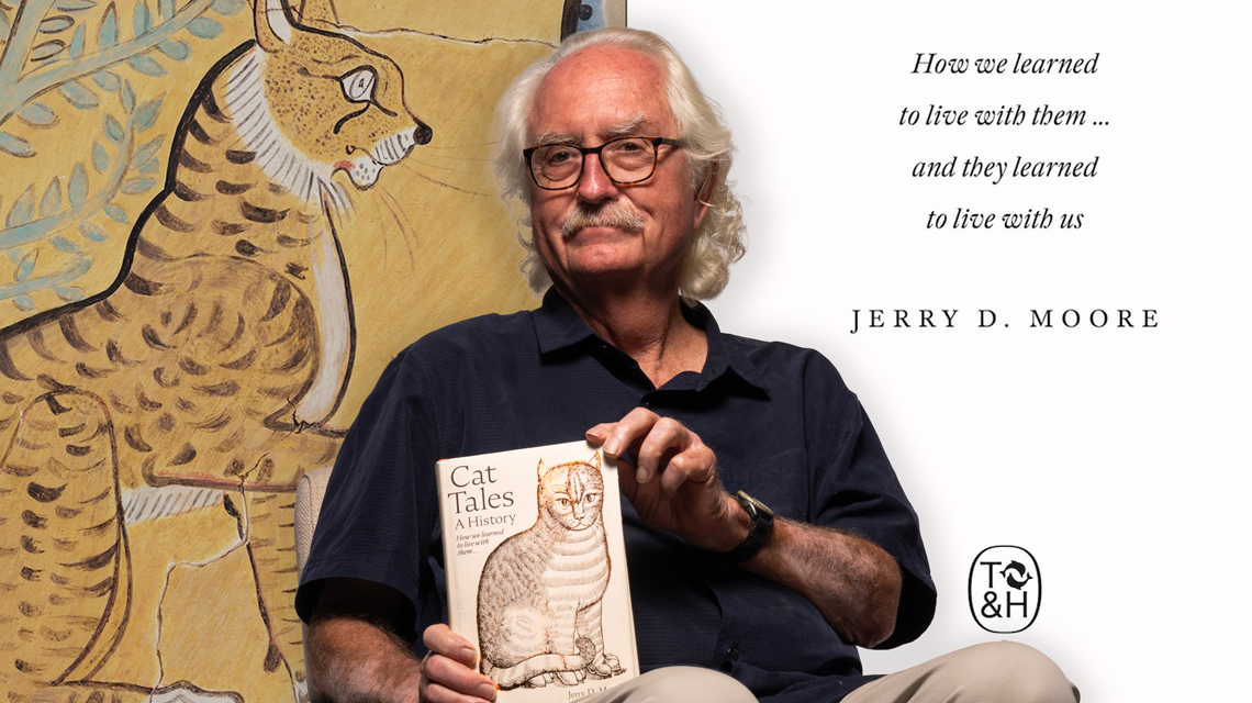 CSUDH Emeritus Professor of Anthropology Jerry Moore and his book "Cat Tales."