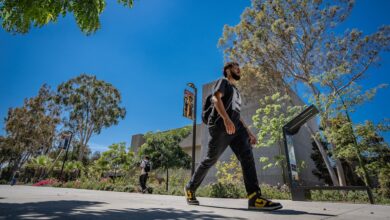 Student walking on campus walkway.