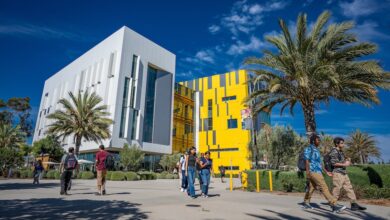 Students walking in front of the I&I building on campus