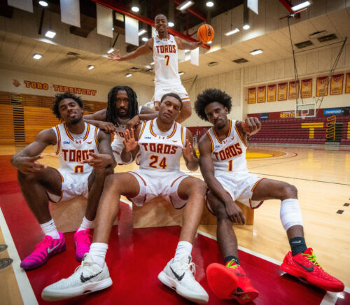 Members of the CSUDH men's basketball team.
