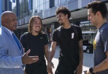 President Parham speaking on campus to students