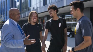 President Parham speaking on campus to students