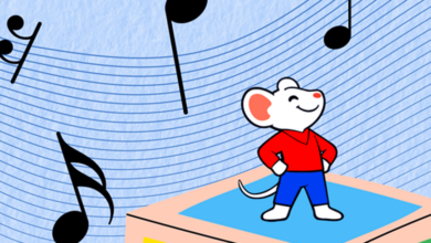 Clothed mouse among music notes