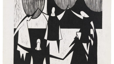 Black and white figures holding hands