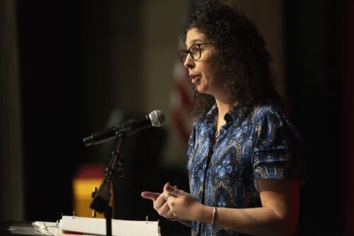 Chair of Academic Senate Shari Berkowitz onstage