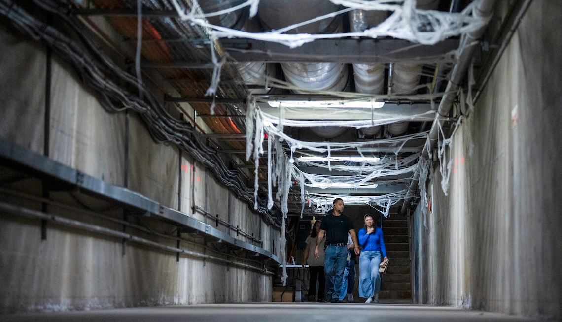 Visitors in the cobweb-decorated underground tunnels